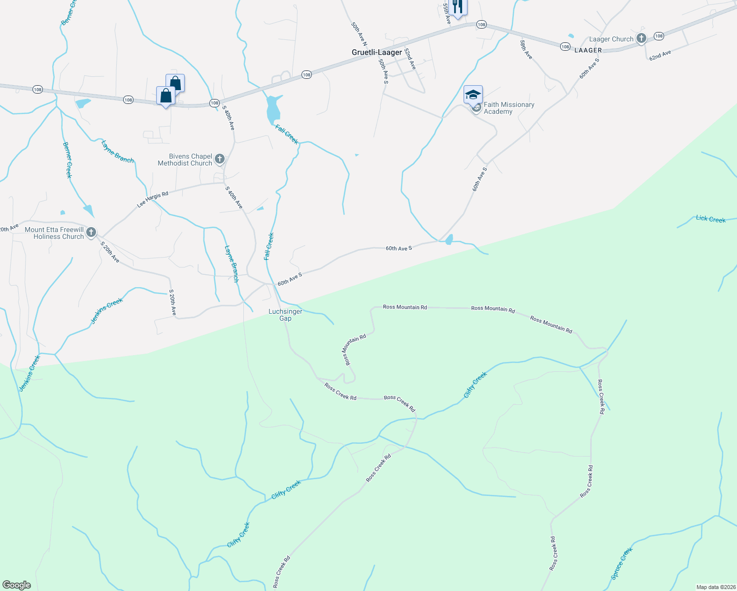 map of restaurants, bars, coffee shops, grocery stores, and more near Unnamed Road in Gruetli-Laager
