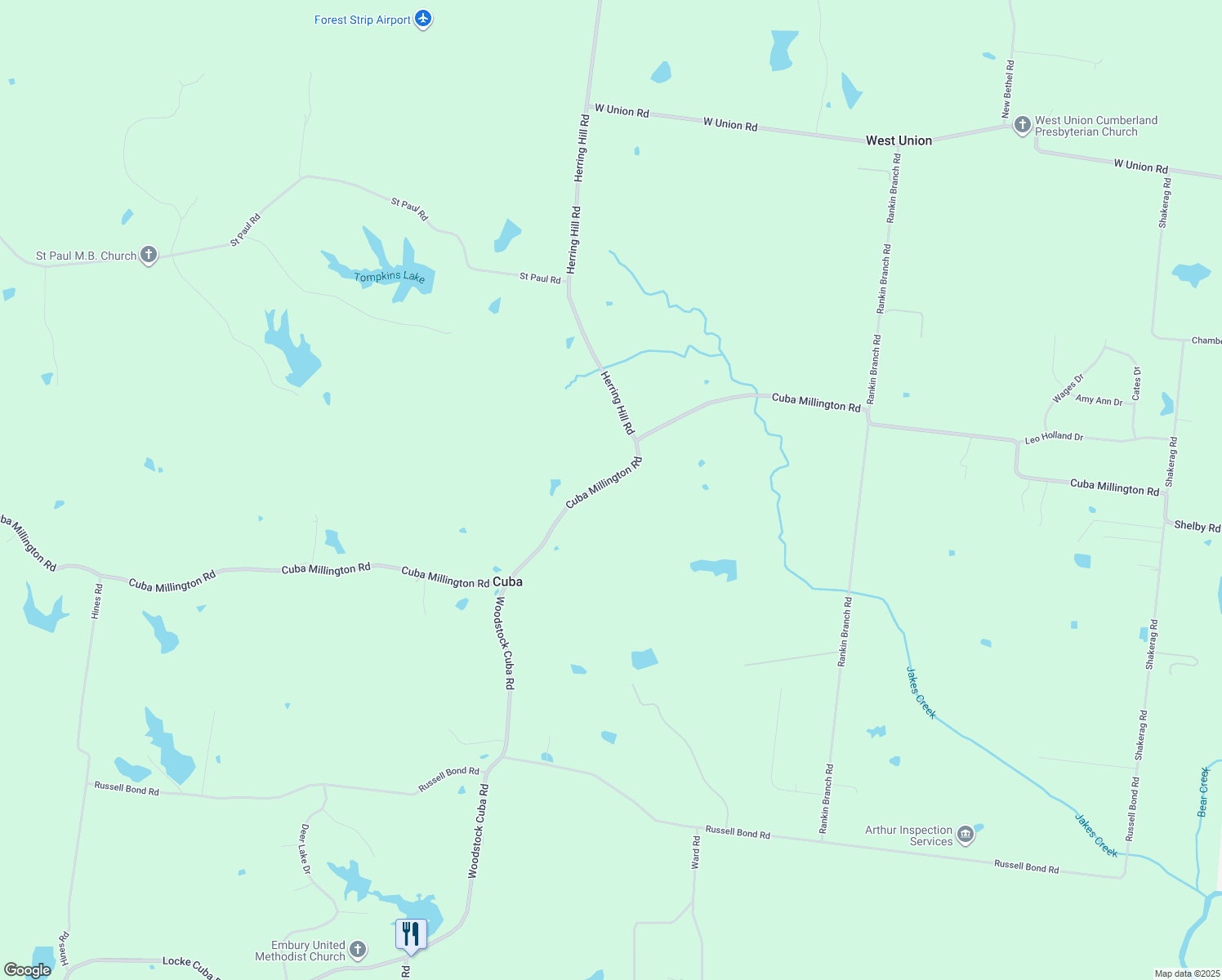 map of restaurants, bars, coffee shops, grocery stores, and more near 2427 Cuba Millington Road in Millington