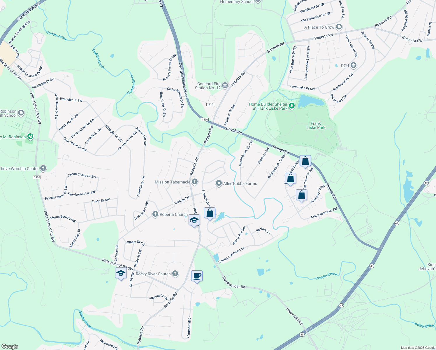 map of restaurants, bars, coffee shops, grocery stores, and more near 3560 Valiant Avenue Southwest in Concord