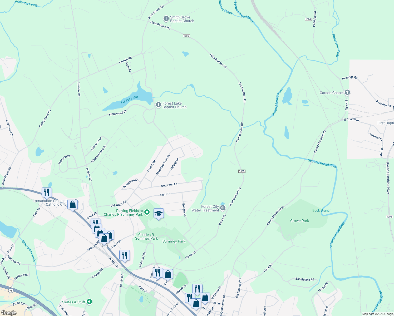 map of restaurants, bars, coffee shops, grocery stores, and more near 110 Cedar Lane in Forest City