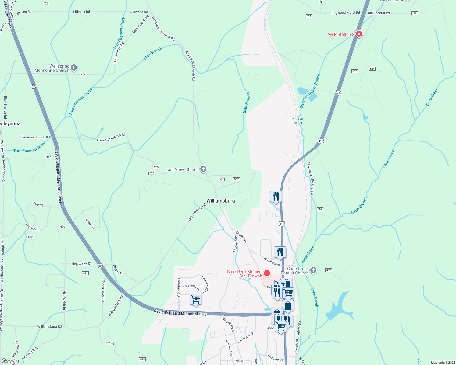 map of restaurants, bars, coffee shops, grocery stores, and more near 176 County Road 537 in Etowah