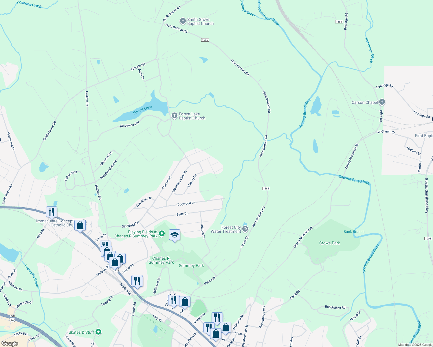 map of restaurants, bars, coffee shops, grocery stores, and more near 110 Cedar Lane in Forest City