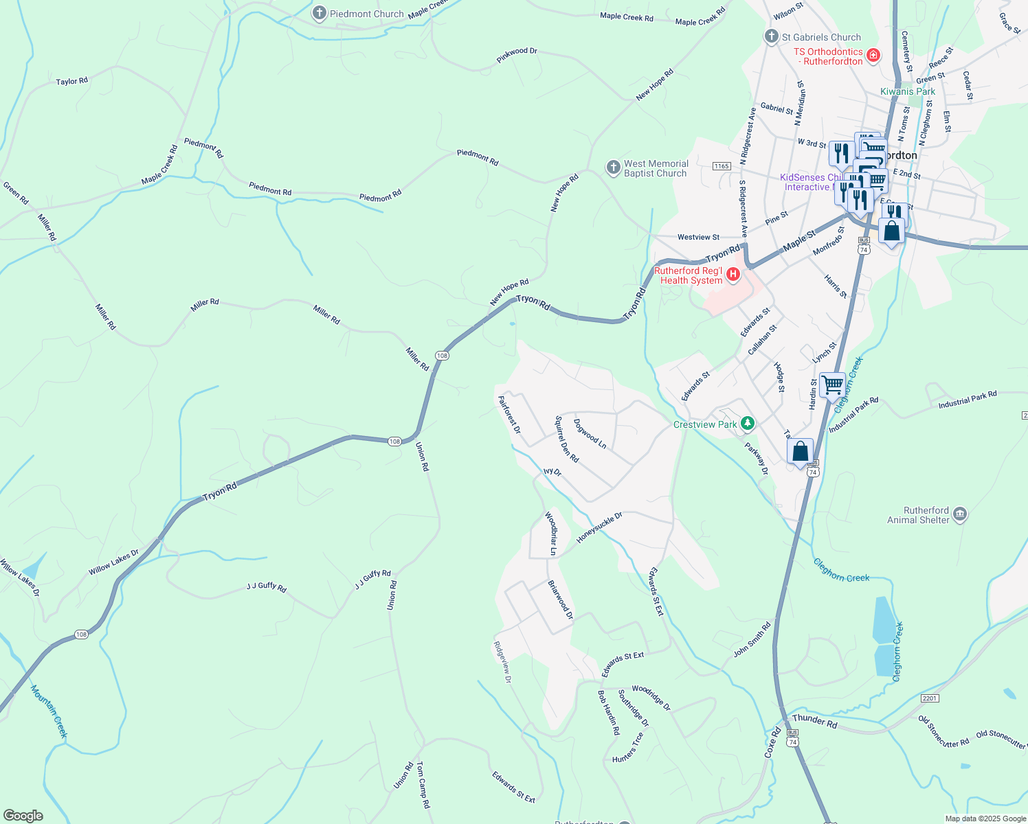 map of restaurants, bars, coffee shops, grocery stores, and more near 226 Fairforest Drive in Rutherfordton