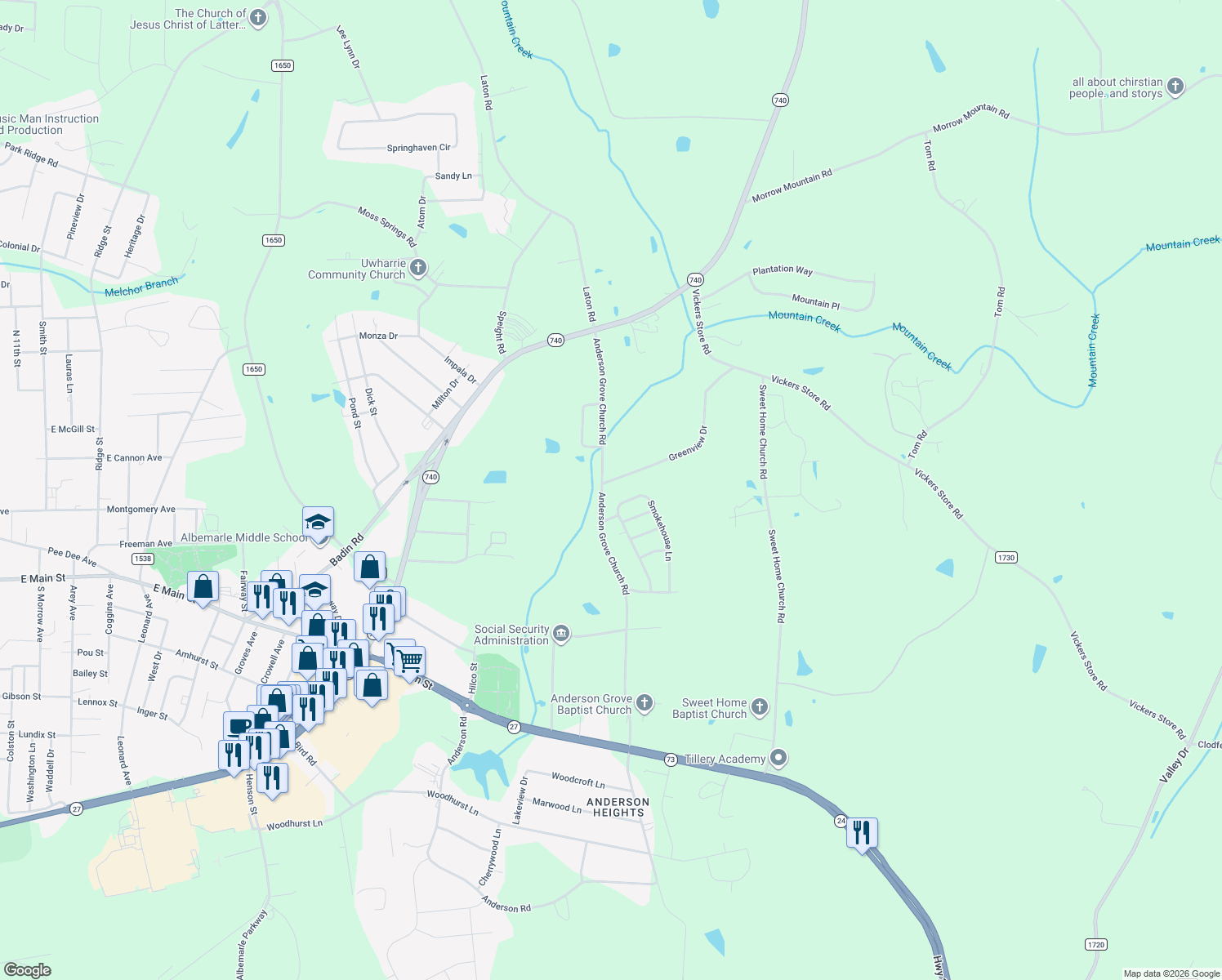 map of restaurants, bars, coffee shops, grocery stores, and more near 480 Anderson Grove Church Road in Albemarle