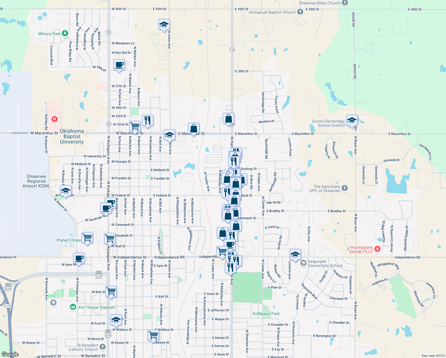 map of restaurants, bars, coffee shops, grocery stores, and more near 2203 North McKinley Avenue in Shawnee