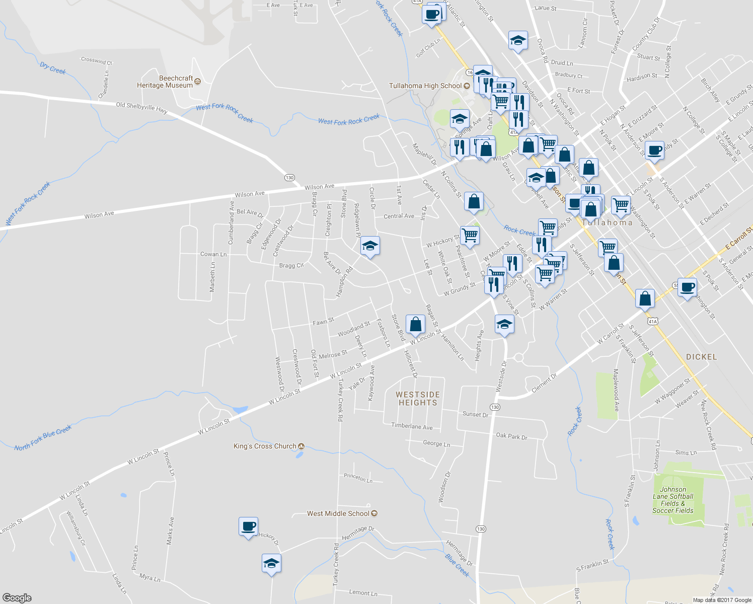 map of restaurants, bars, coffee shops, grocery stores, and more near 406 Foxboro Ln in Tullahoma
