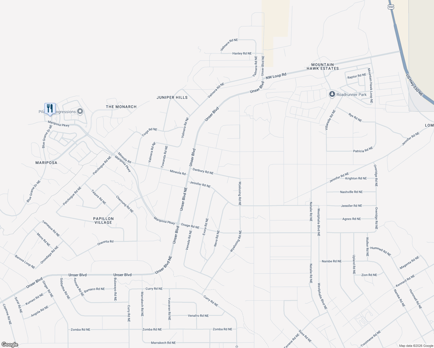 map of restaurants, bars, coffee shops, grocery stores, and more near Danbury Road Northeast in Rio Rancho