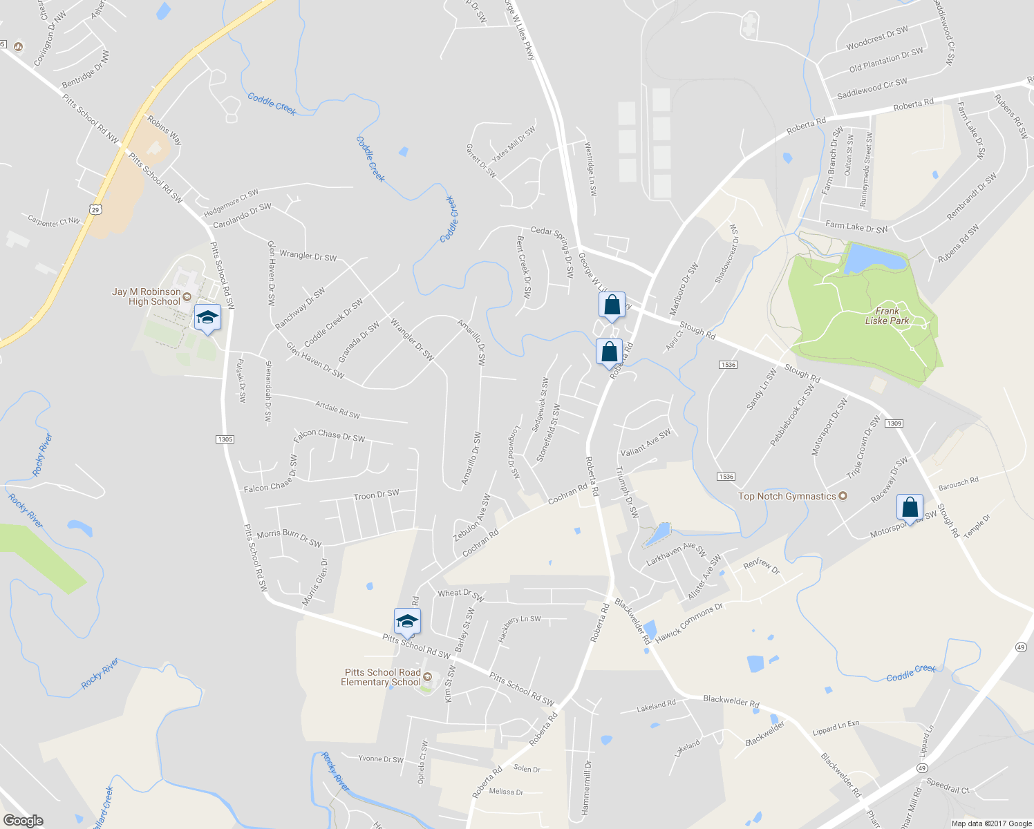 map of restaurants, bars, coffee shops, grocery stores, and more near 3864 Longwood Drive Southwest in Concord