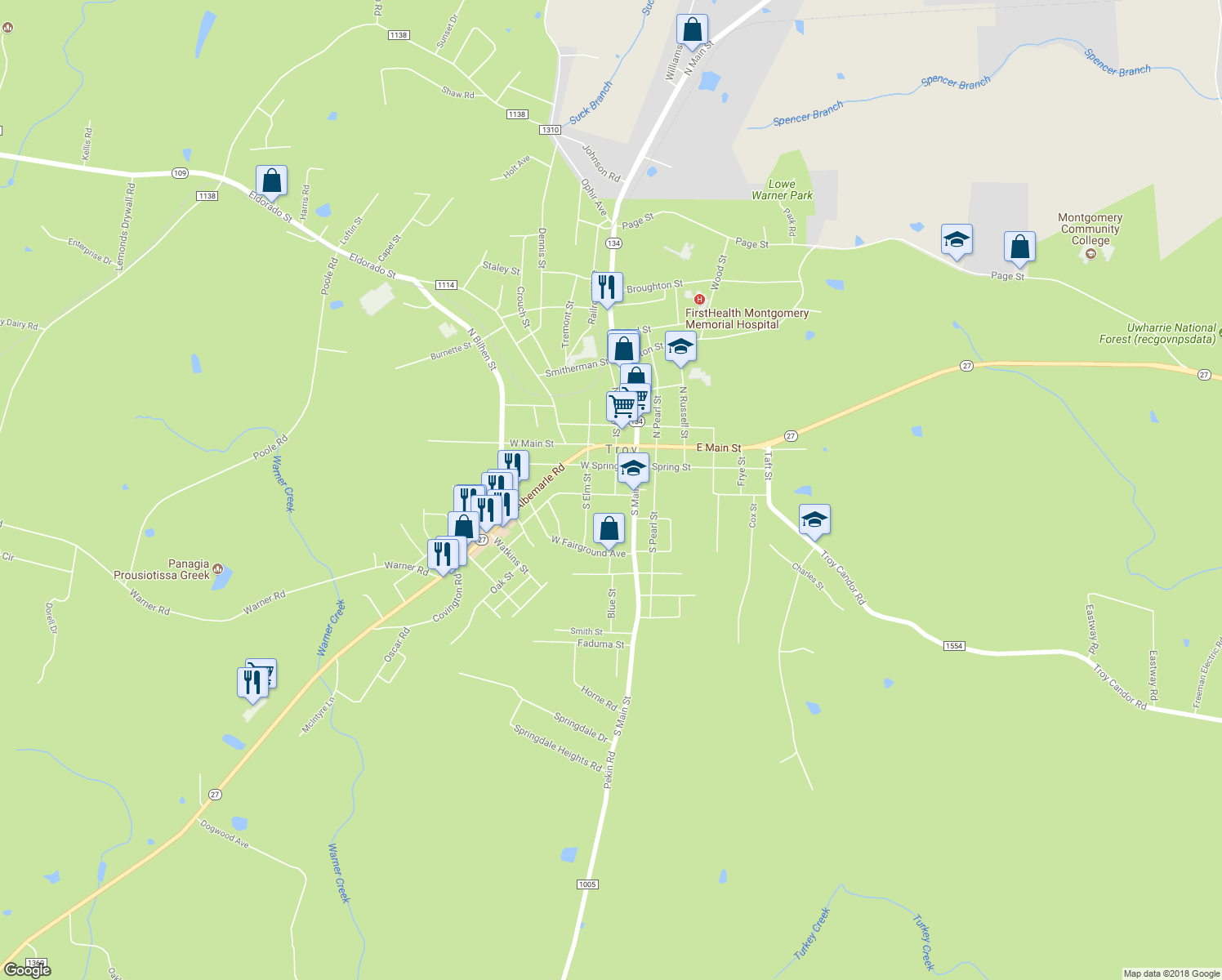 map of restaurants, bars, coffee shops, grocery stores, and more near 206 Rush Avenue in Troy