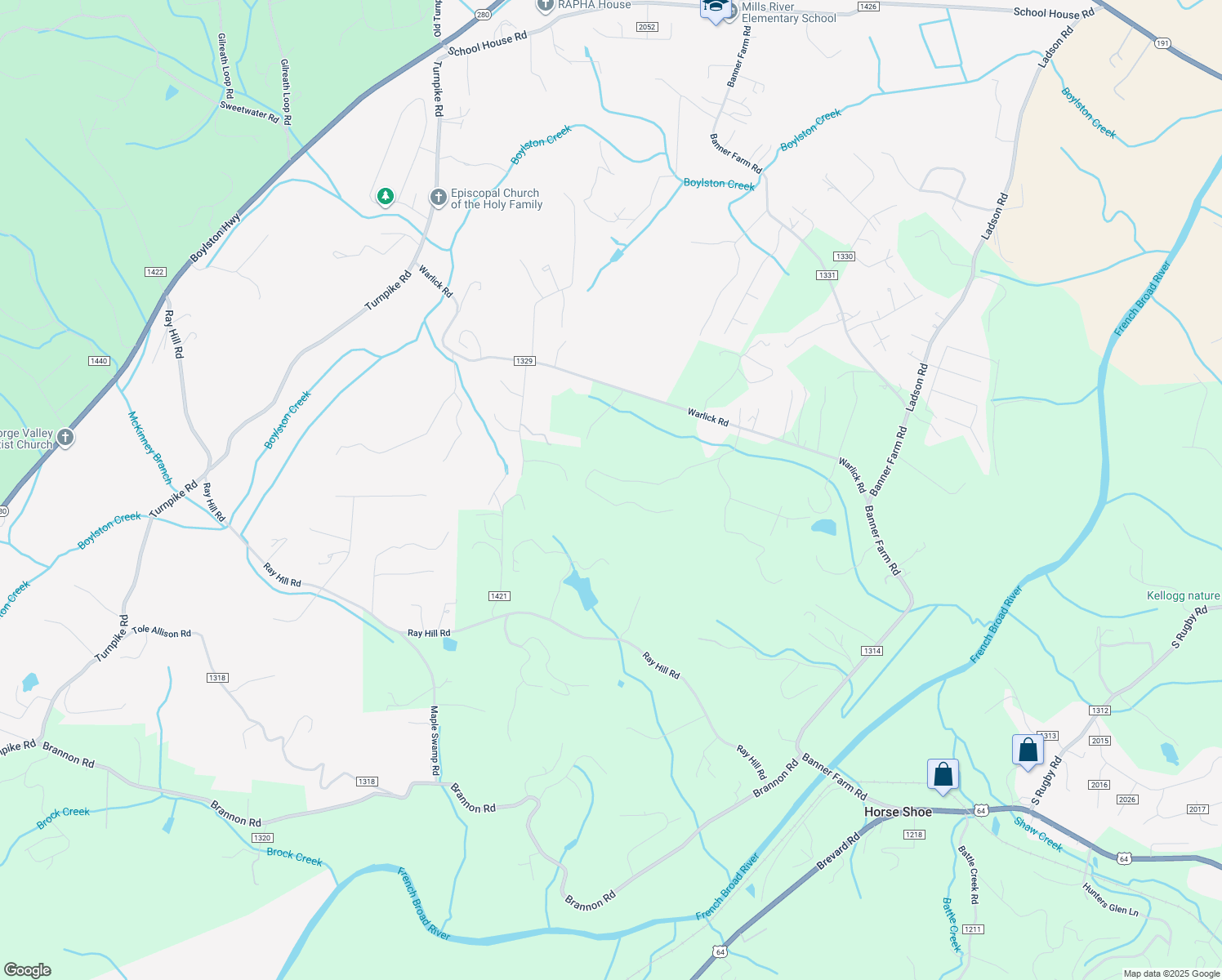 map of restaurants, bars, coffee shops, grocery stores, and more near 180 Ravenwood Lane in Horse Shoe