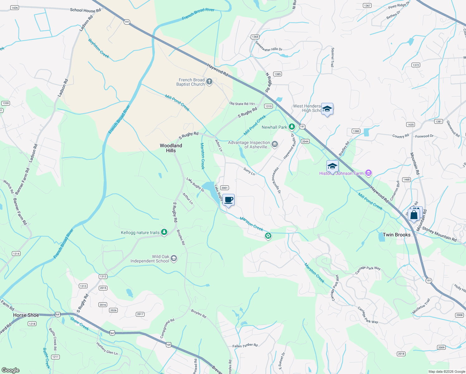 map of restaurants, bars, coffee shops, grocery stores, and more near 207 Park Lane in Hendersonville