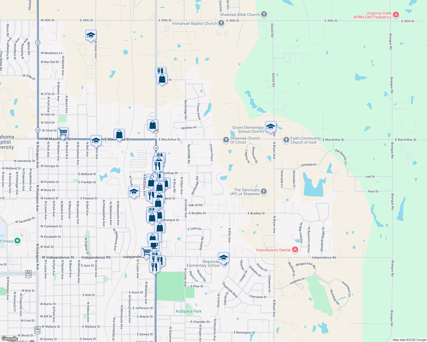 map of restaurants, bars, coffee shops, grocery stores, and more near 25 Crown Point in Shawnee