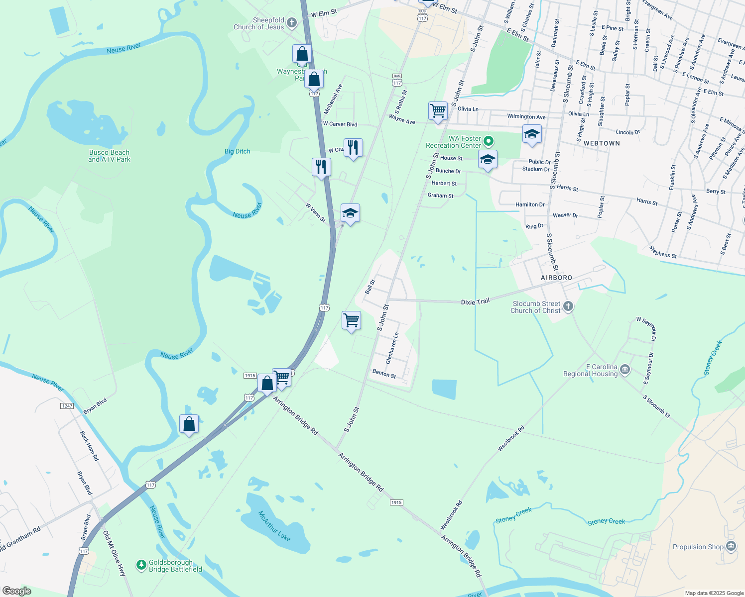 map of restaurants, bars, coffee shops, grocery stores, and more near 103 Brock Street in Goldsboro
