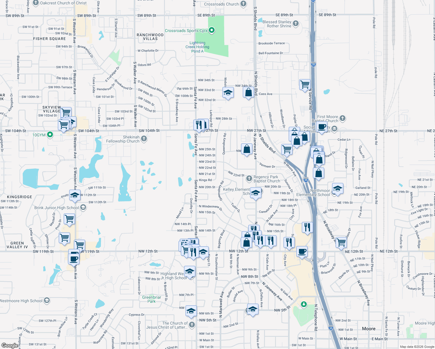 map of restaurants, bars, coffee shops, grocery stores, and more near 2120 Kings Road in Moore