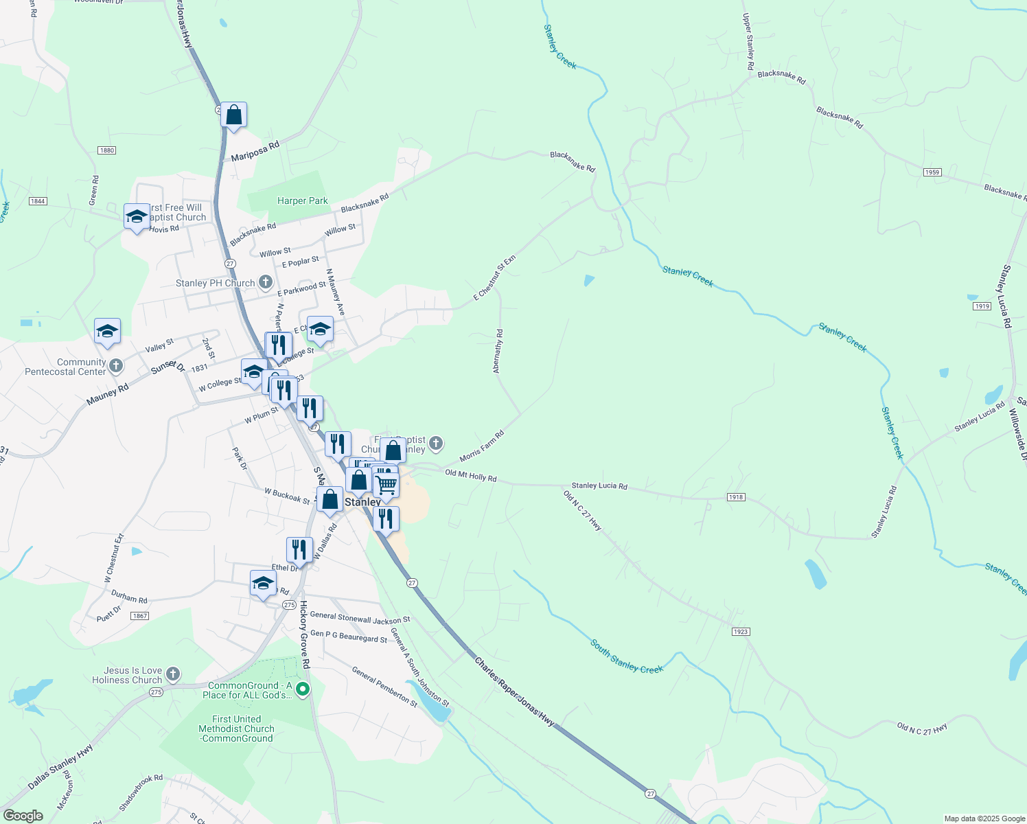map of restaurants, bars, coffee shops, grocery stores, and more near 213 Morris Farm Road in Stanley