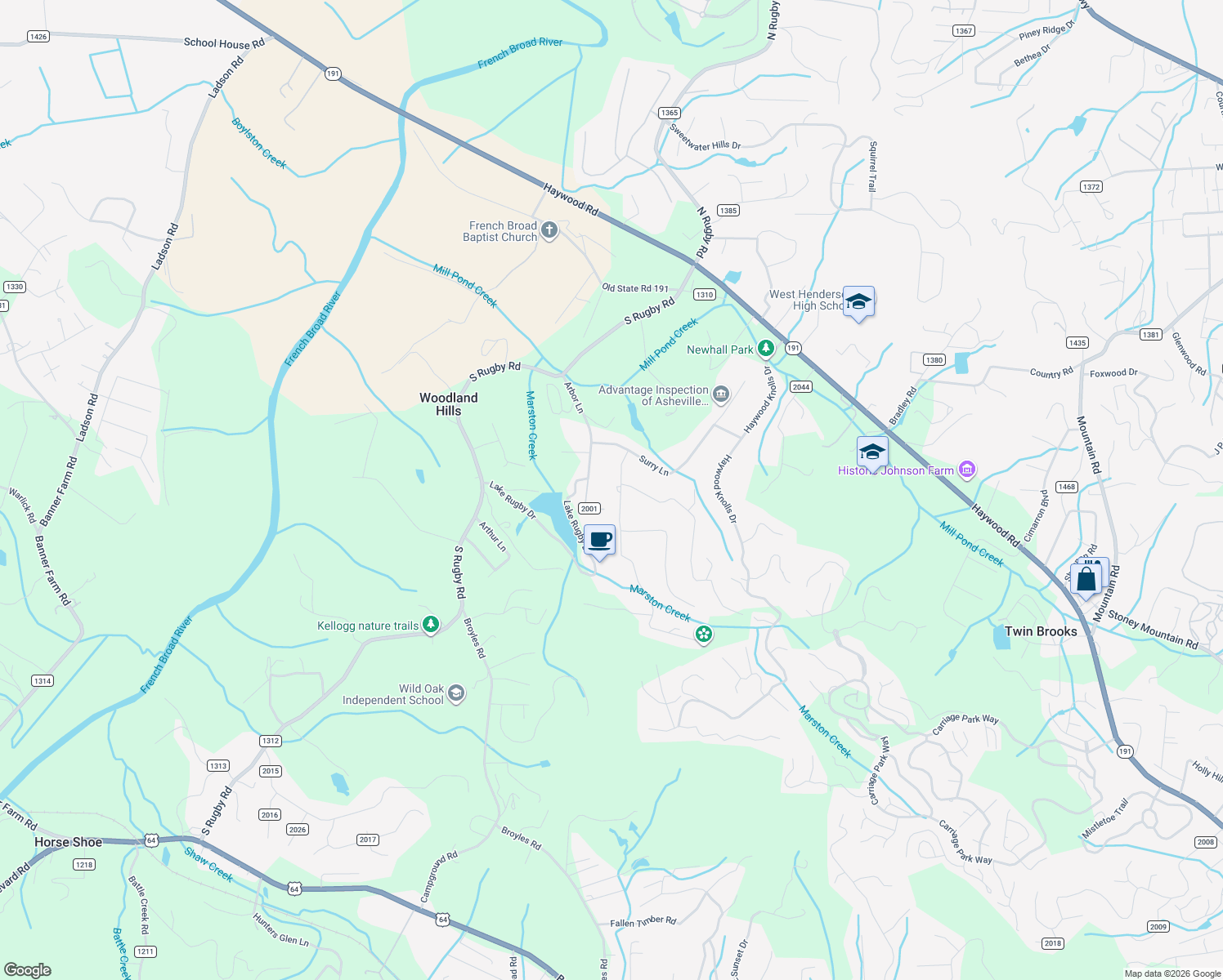 map of restaurants, bars, coffee shops, grocery stores, and more near 207 Park Lane in Hendersonville
