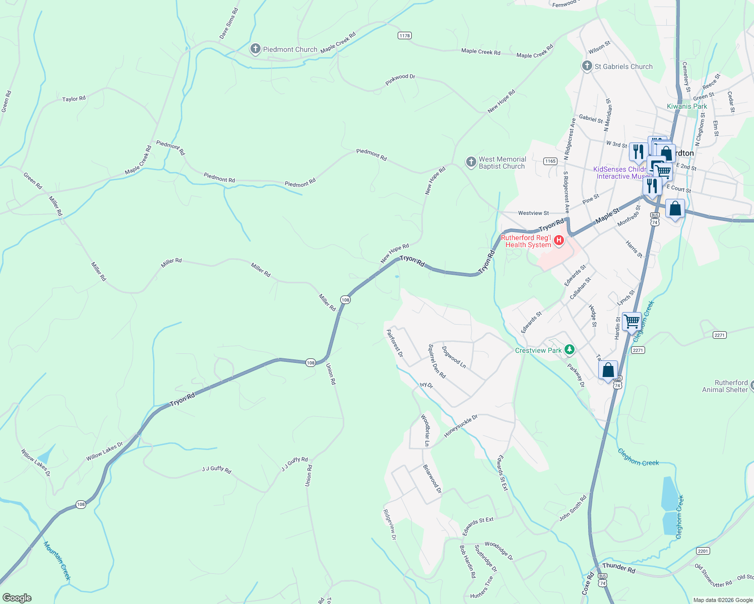map of restaurants, bars, coffee shops, grocery stores, and more near 154 Brass Court in Rutherfordton