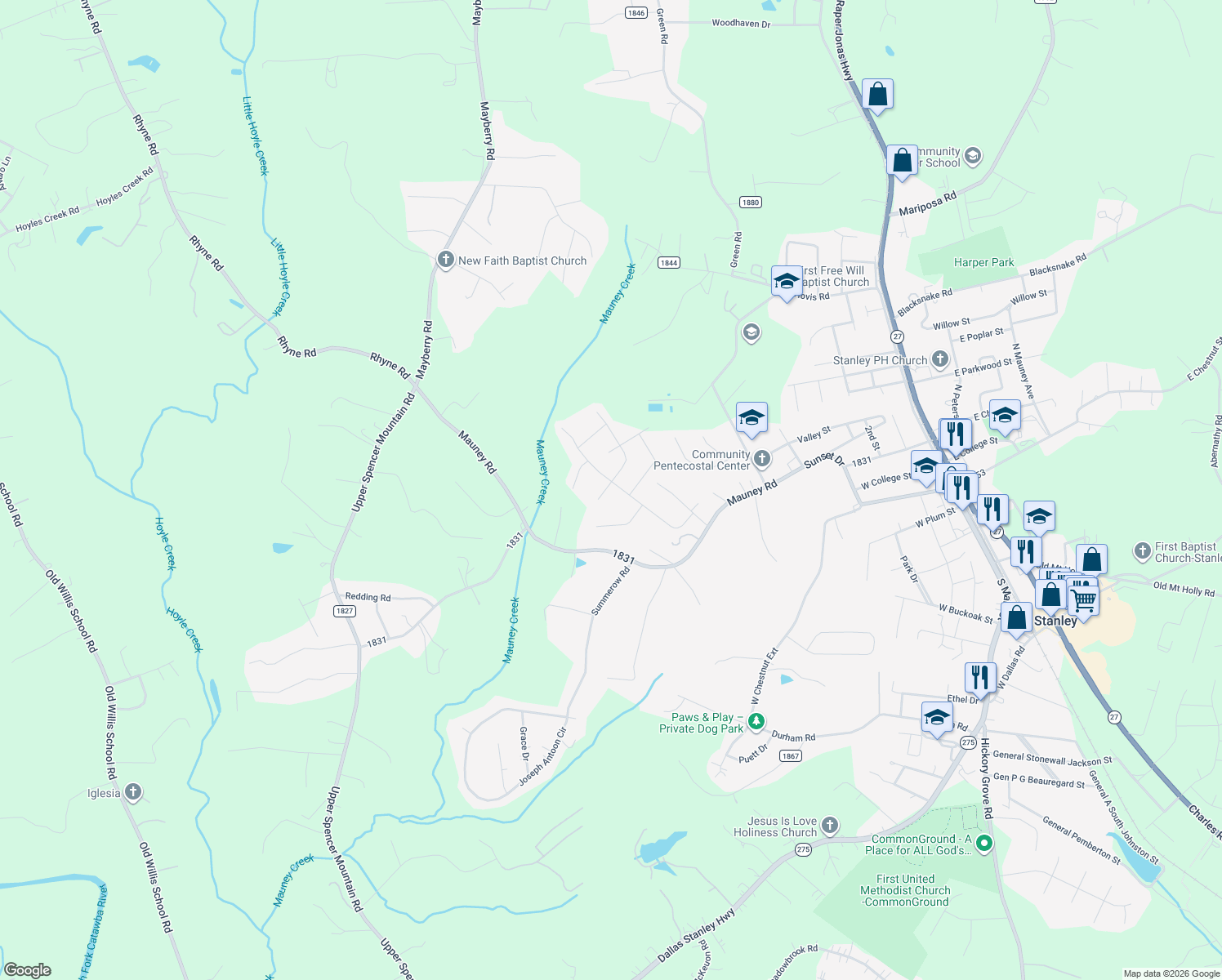 map of restaurants, bars, coffee shops, grocery stores, and more near 301 Bennington Drive in Stanley