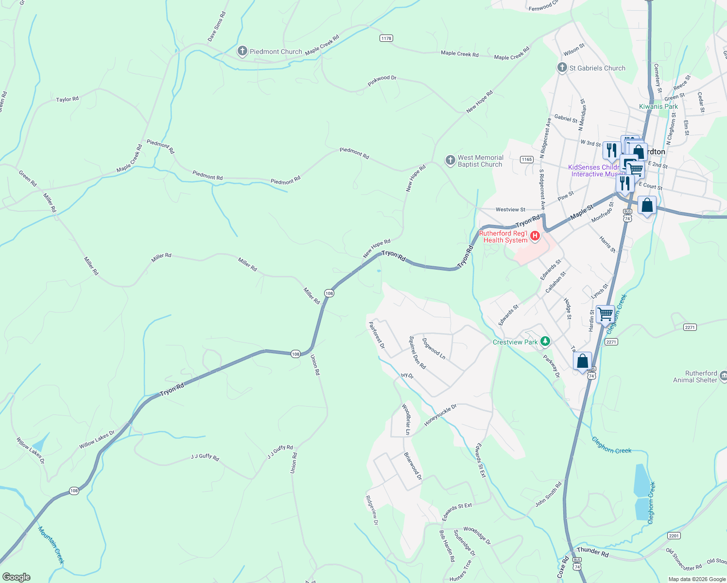 map of restaurants, bars, coffee shops, grocery stores, and more near 154 Brass Court in Rutherfordton