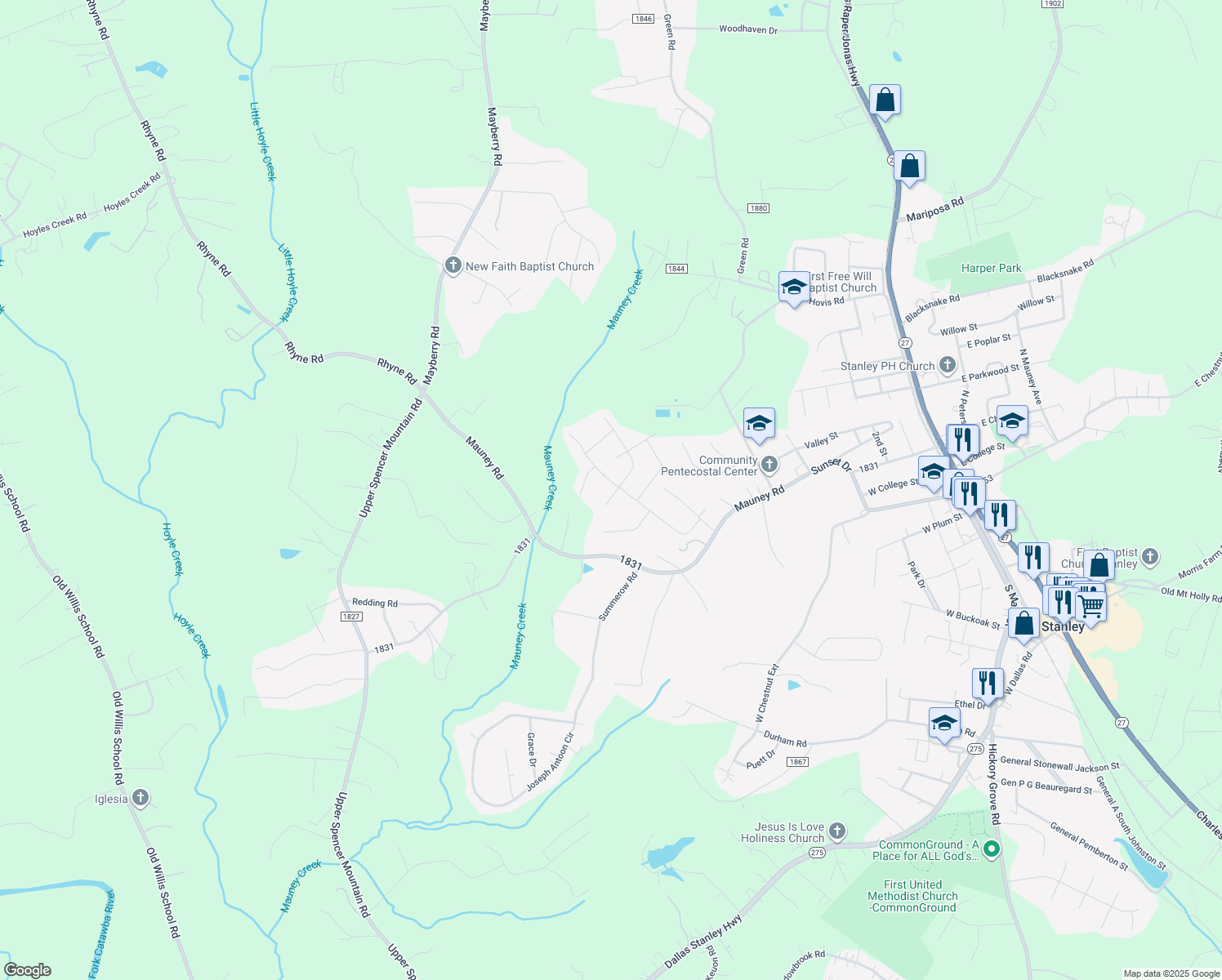 map of restaurants, bars, coffee shops, grocery stores, and more near 301 Bennington Drive in Stanley