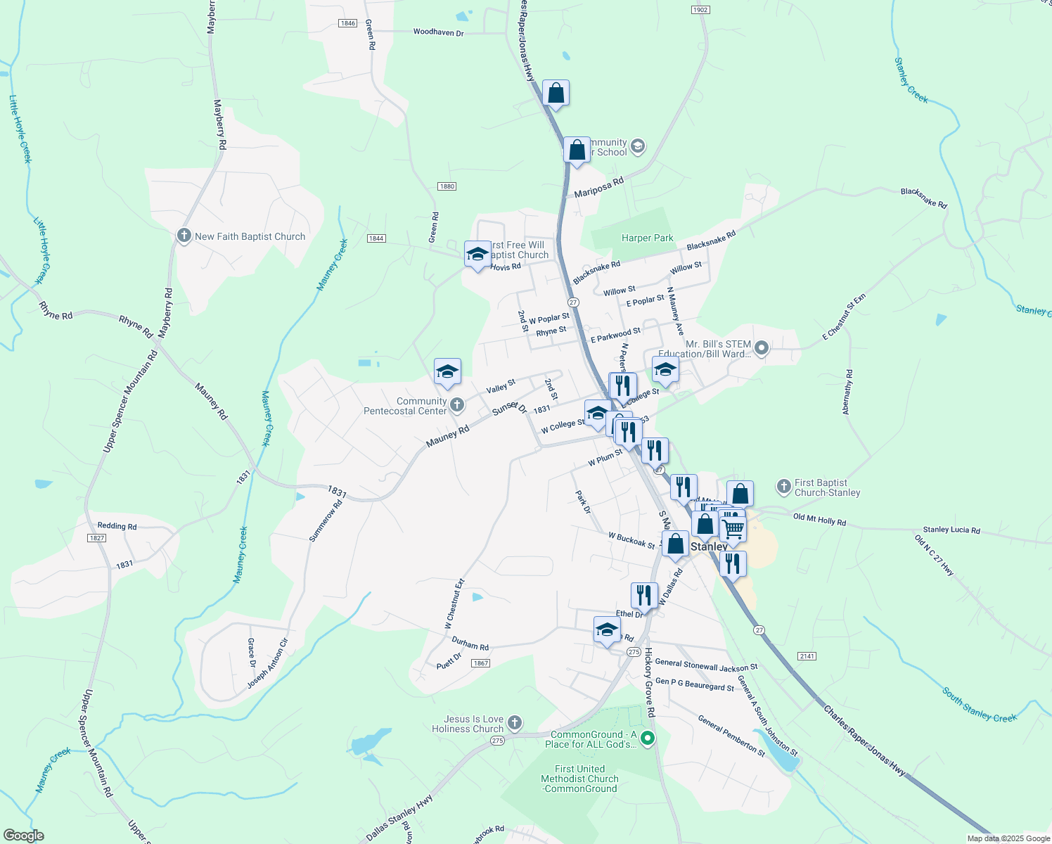 map of restaurants, bars, coffee shops, grocery stores, and more near 211 Sunset Drive in Stanley
