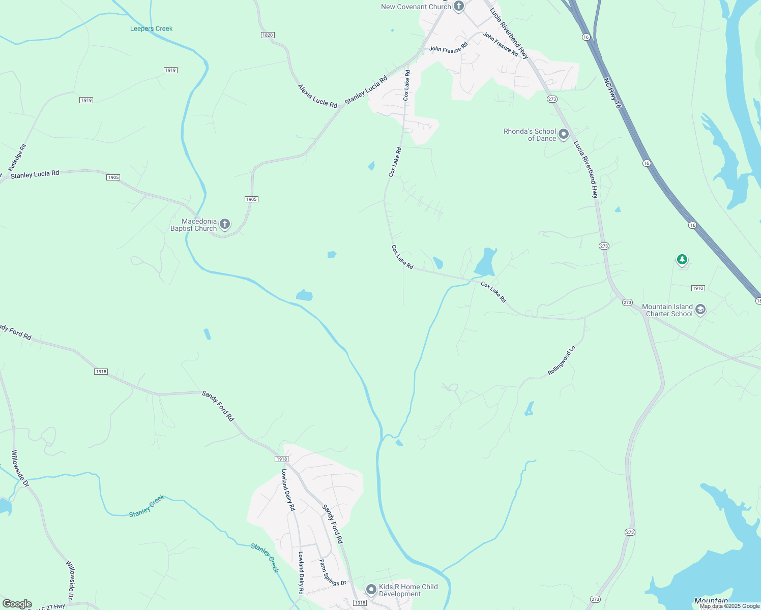 map of restaurants, bars, coffee shops, grocery stores, and more near Cox Lake Road in Stanley
