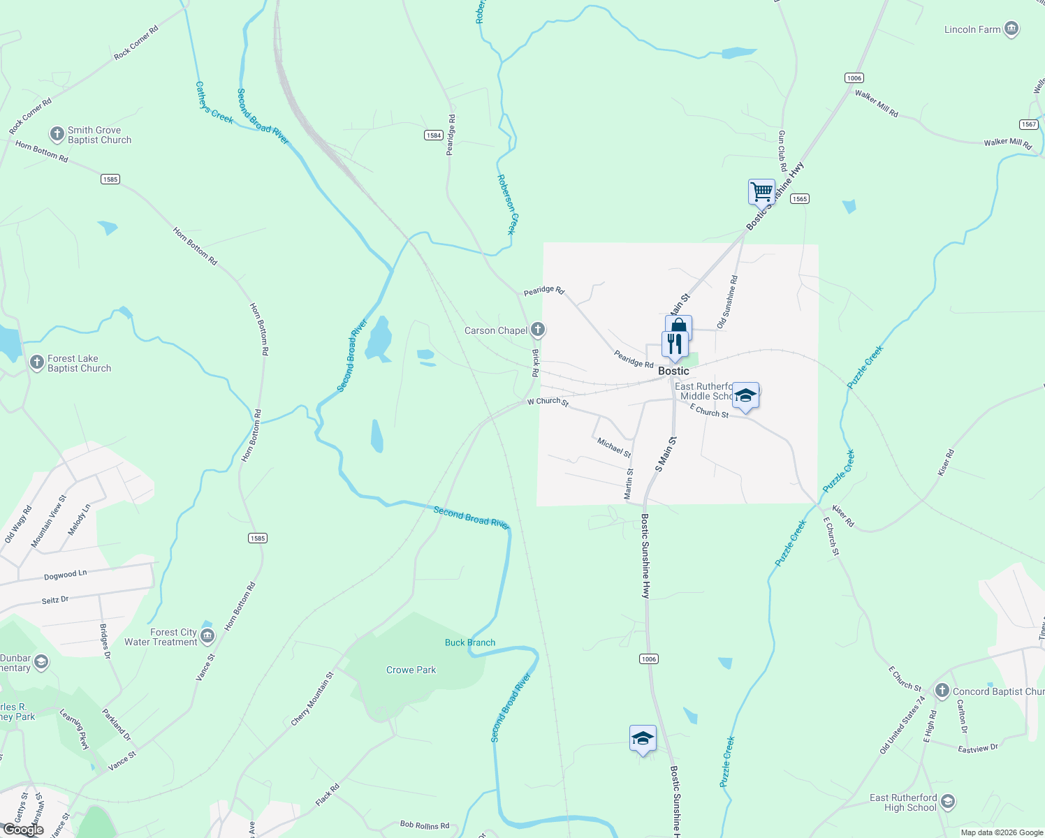 map of restaurants, bars, coffee shops, grocery stores, and more near 491 West Church Street in Bostic