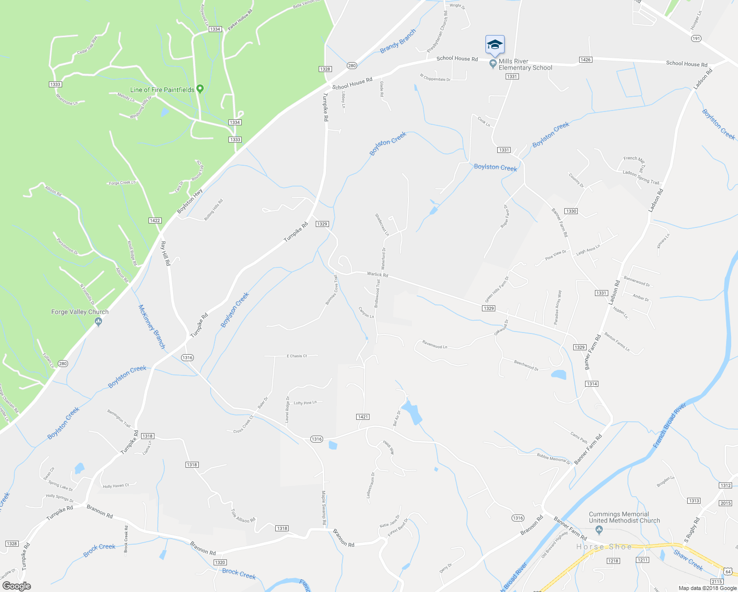 map of restaurants, bars, coffee shops, grocery stores, and more near 45 Barkwood Lane in Mills River