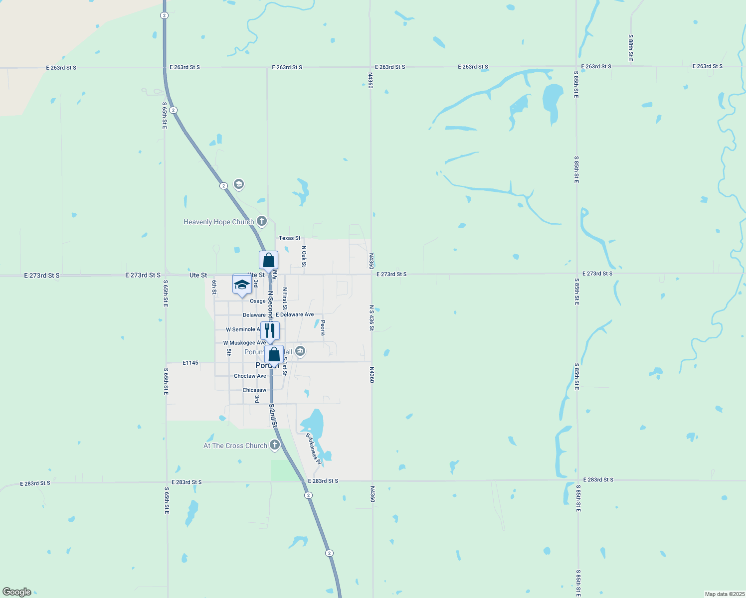 map of restaurants, bars, coffee shops, grocery stores, and more near 390 Railroad 2 in Porum