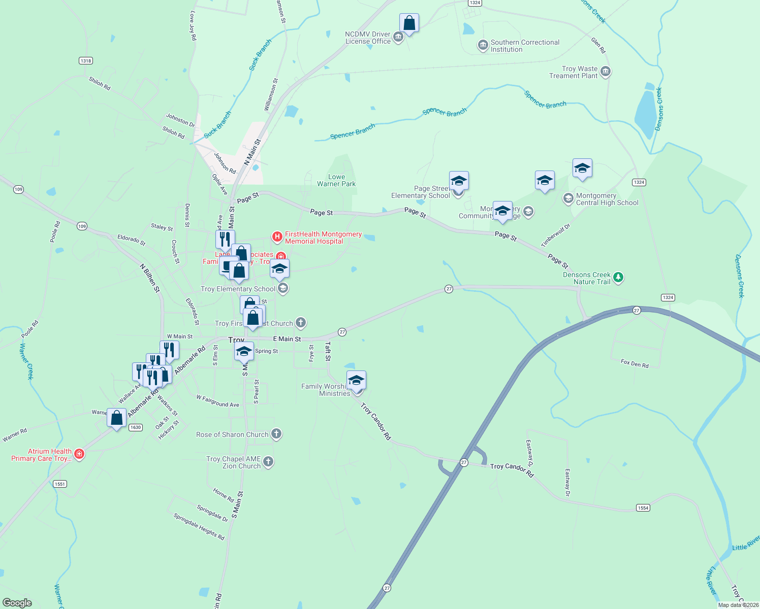 map of restaurants, bars, coffee shops, grocery stores, and more near 645 Biscoe Road in Troy