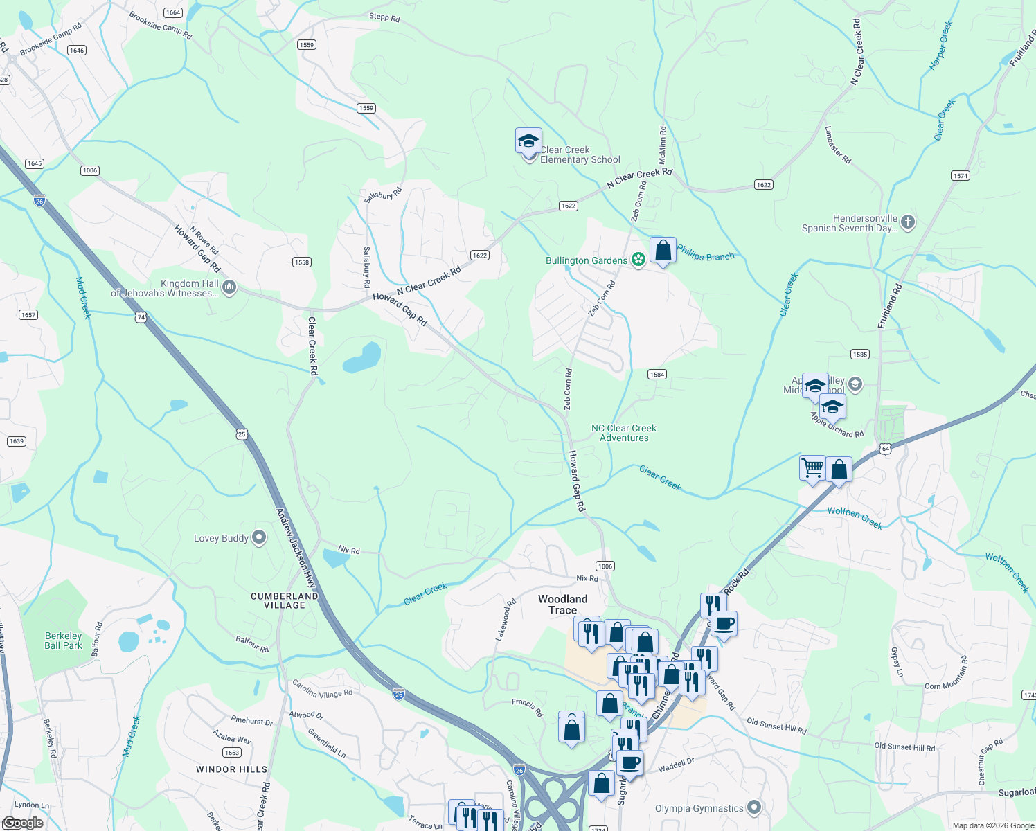 map of restaurants, bars, coffee shops, grocery stores, and more near 2990 Howard Gap Road in Hendersonville