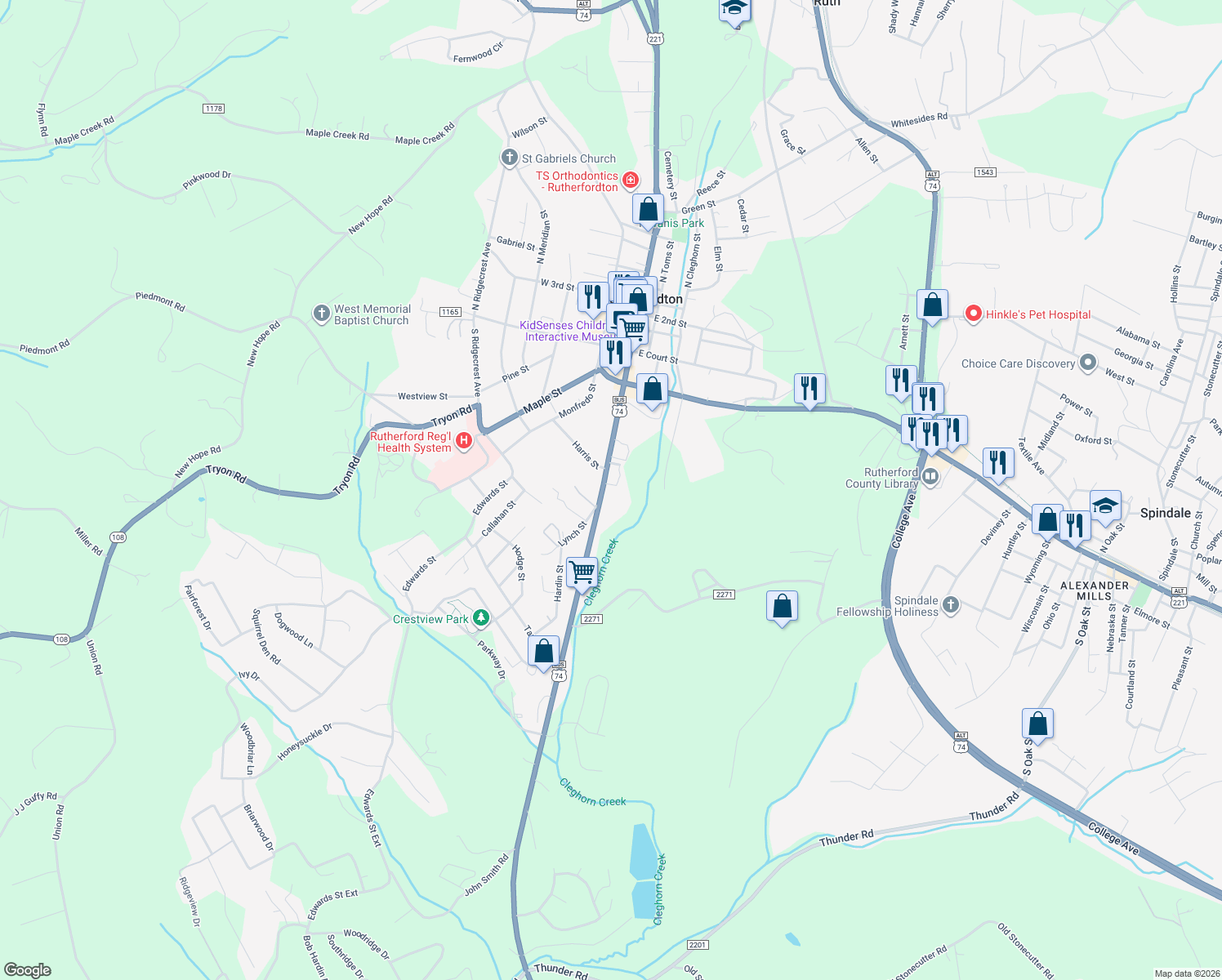 map of restaurants, bars, coffee shops, grocery stores, and more near 271 South Main Street in Rutherfordton