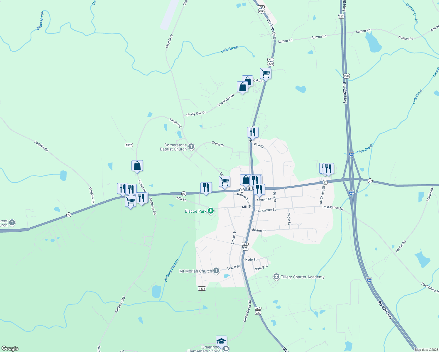 map of restaurants, bars, coffee shops, grocery stores, and more near 209 Lambert Road in Biscoe