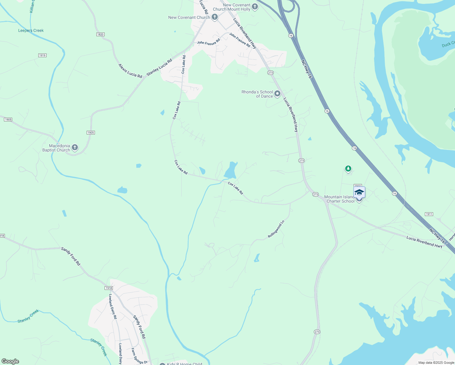 map of restaurants, bars, coffee shops, grocery stores, and more near Cox Lake Road in Stanley