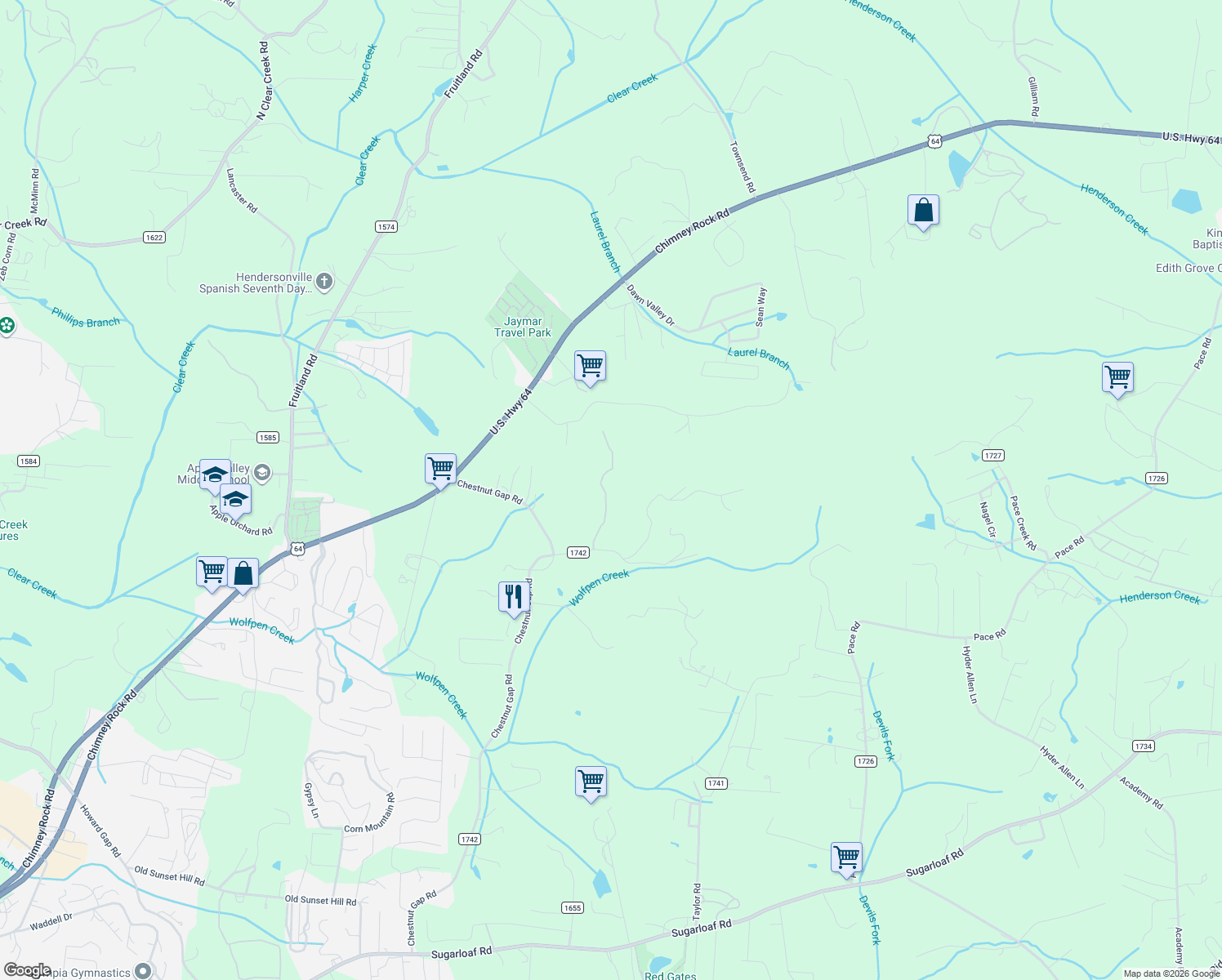 map of restaurants, bars, coffee shops, grocery stores, and more near 268 Sycamore Ridge Drive in Hendersonville