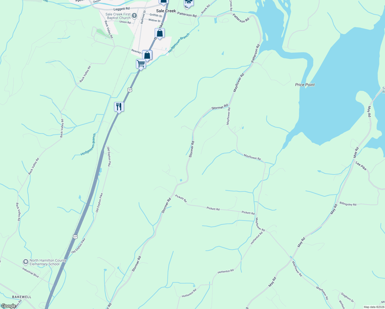 map of restaurants, bars, coffee shops, grocery stores, and more near 14506 Stormer Road in Sale Creek