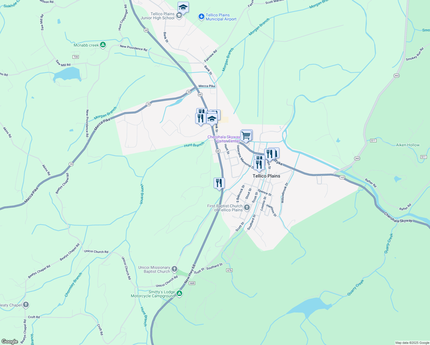map of restaurants, bars, coffee shops, grocery stores, and more near 145 High Street in Tellico Plains