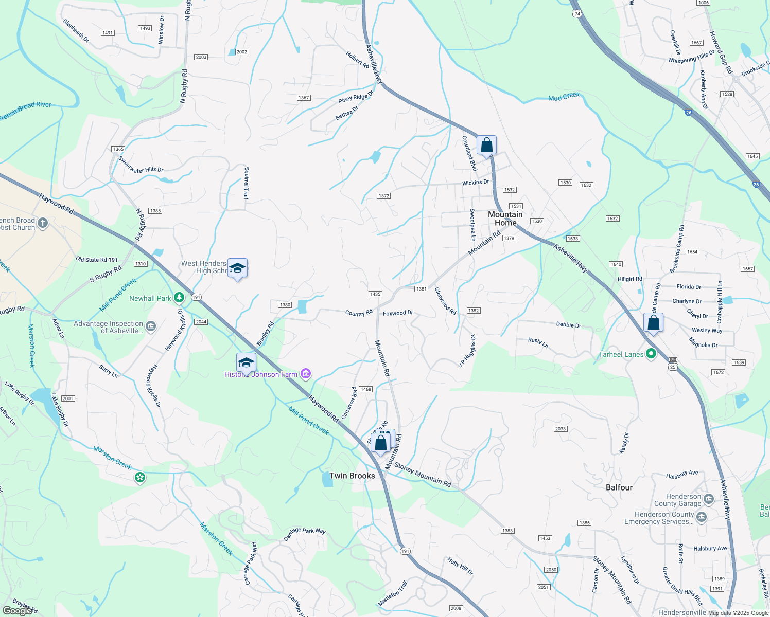 map of restaurants, bars, coffee shops, grocery stores, and more near 101 Foxwood Drive in Hendersonville