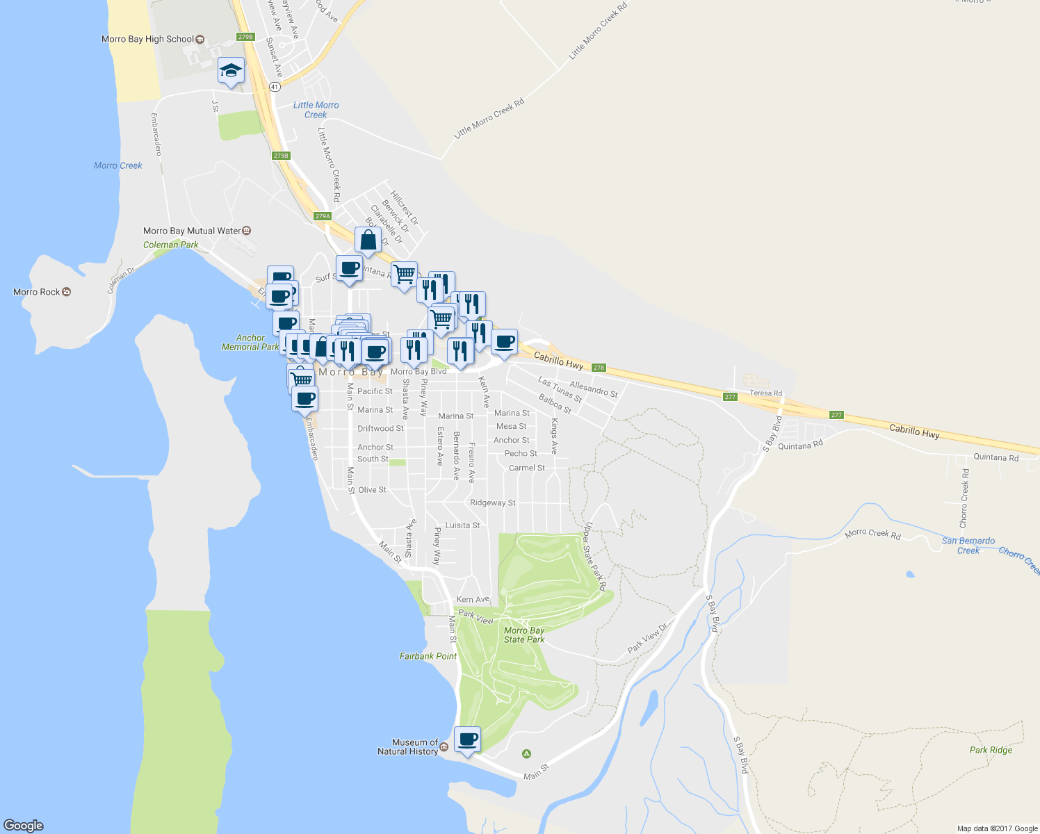 map of restaurants, bars, coffee shops, grocery stores, and more near 948 Marina Street in Morro Bay