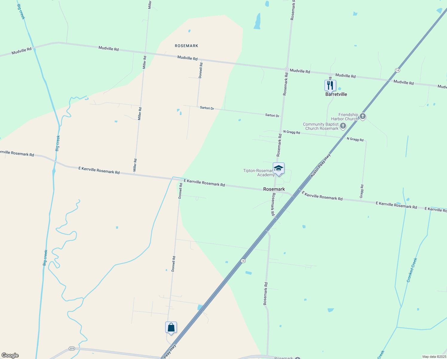 map of restaurants, bars, coffee shops, grocery stores, and more near 8502 East Kerrville Rosemark Road in Millington