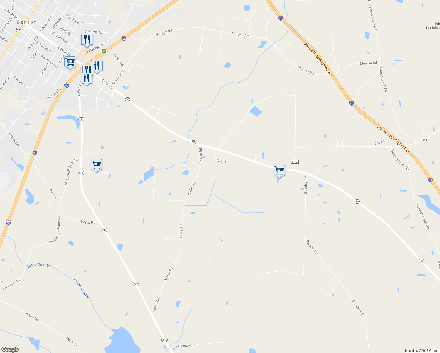 map of restaurants, bars, coffee shops, grocery stores, and more near 215 Surles Road in Benson