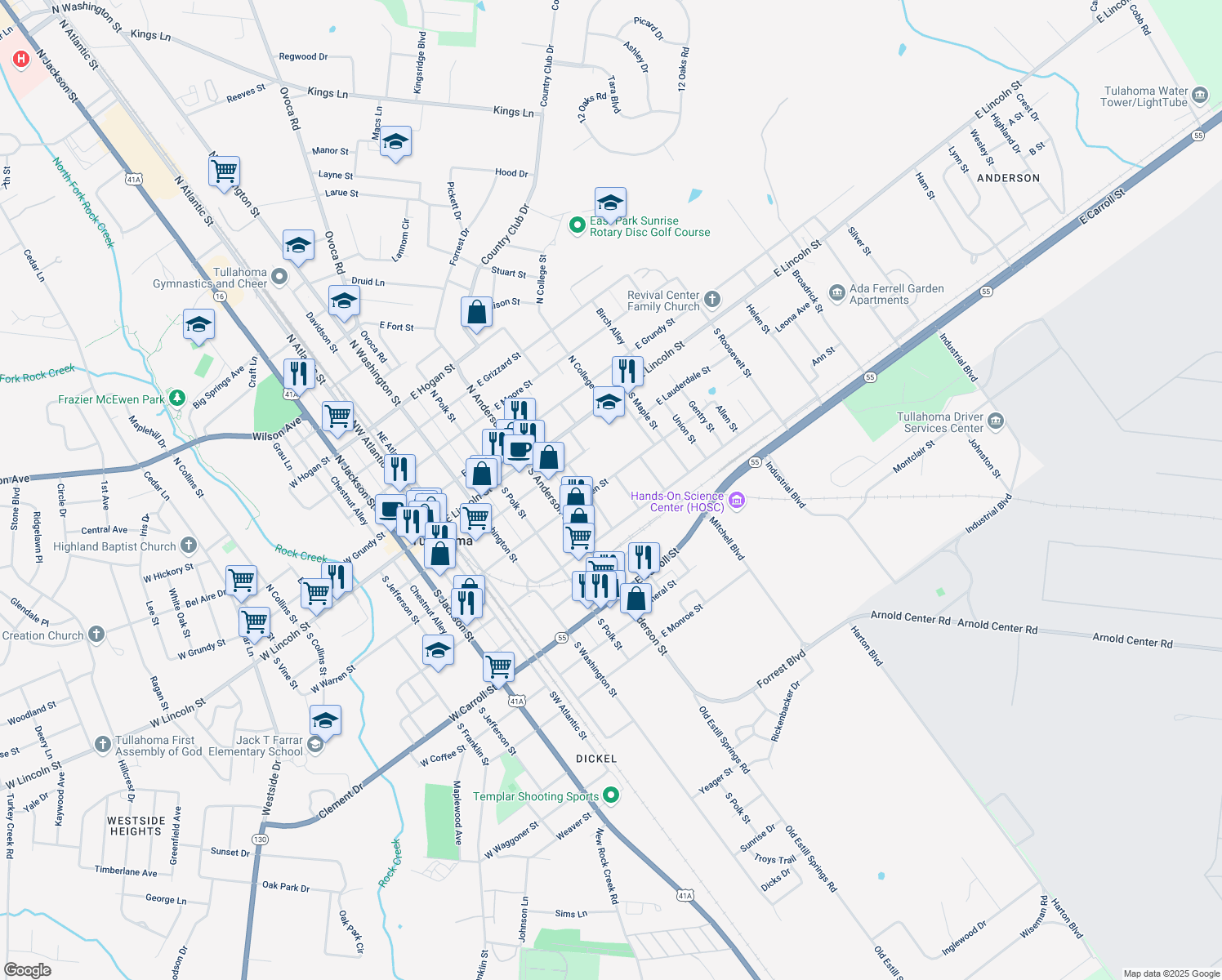 map of restaurants, bars, coffee shops, grocery stores, and more near 510 East Warren Street in Tullahoma