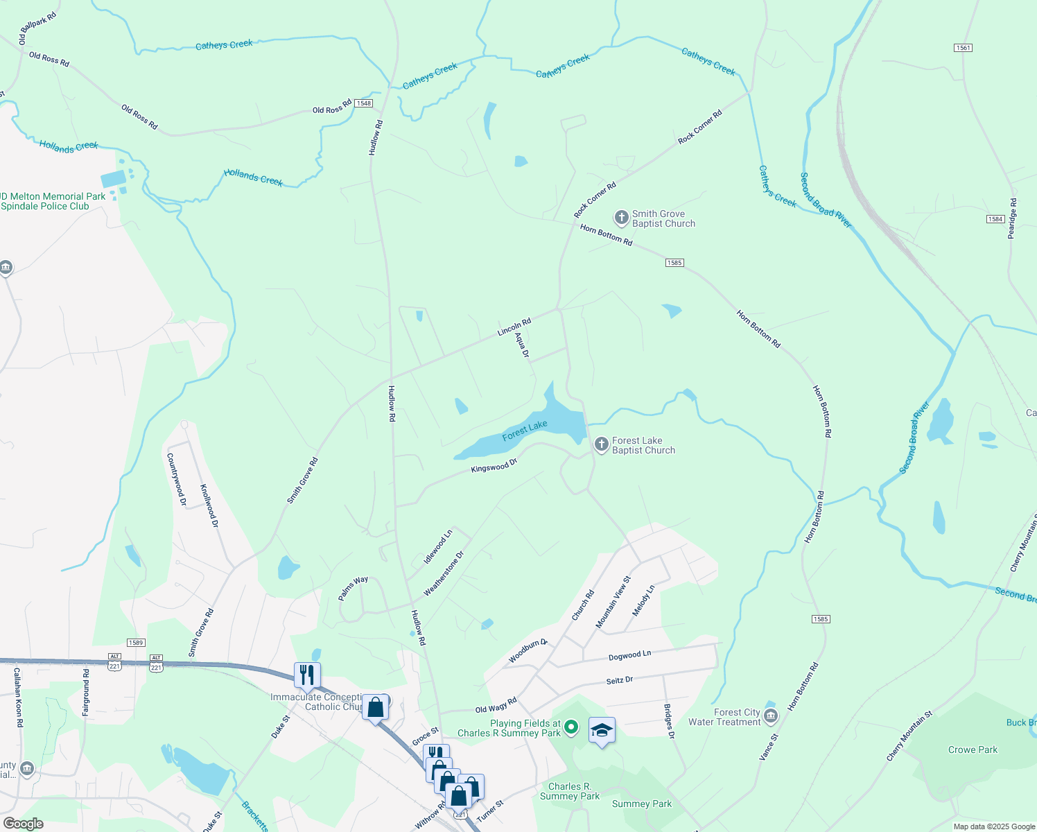 map of restaurants, bars, coffee shops, grocery stores, and more near 277 Aqua Drive in Forest City