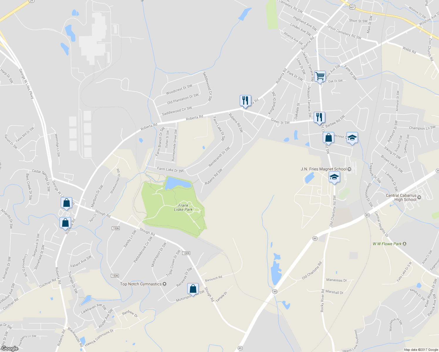 map of restaurants, bars, coffee shops, grocery stores, and more near 823 Rubens Road Southwest in Concord