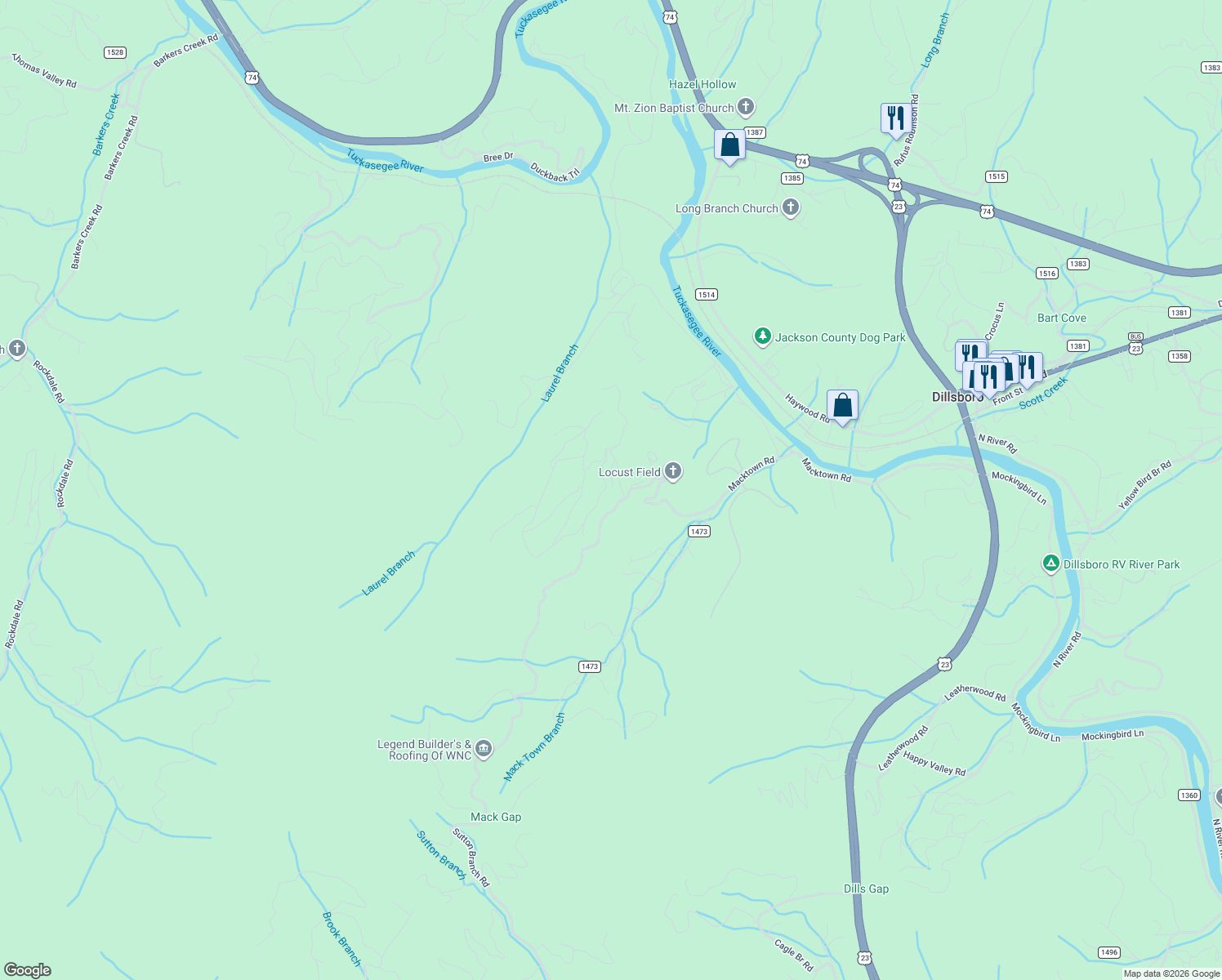 map of restaurants, bars, coffee shops, grocery stores, and more near 167 Eagles Ridge Road in Sylva