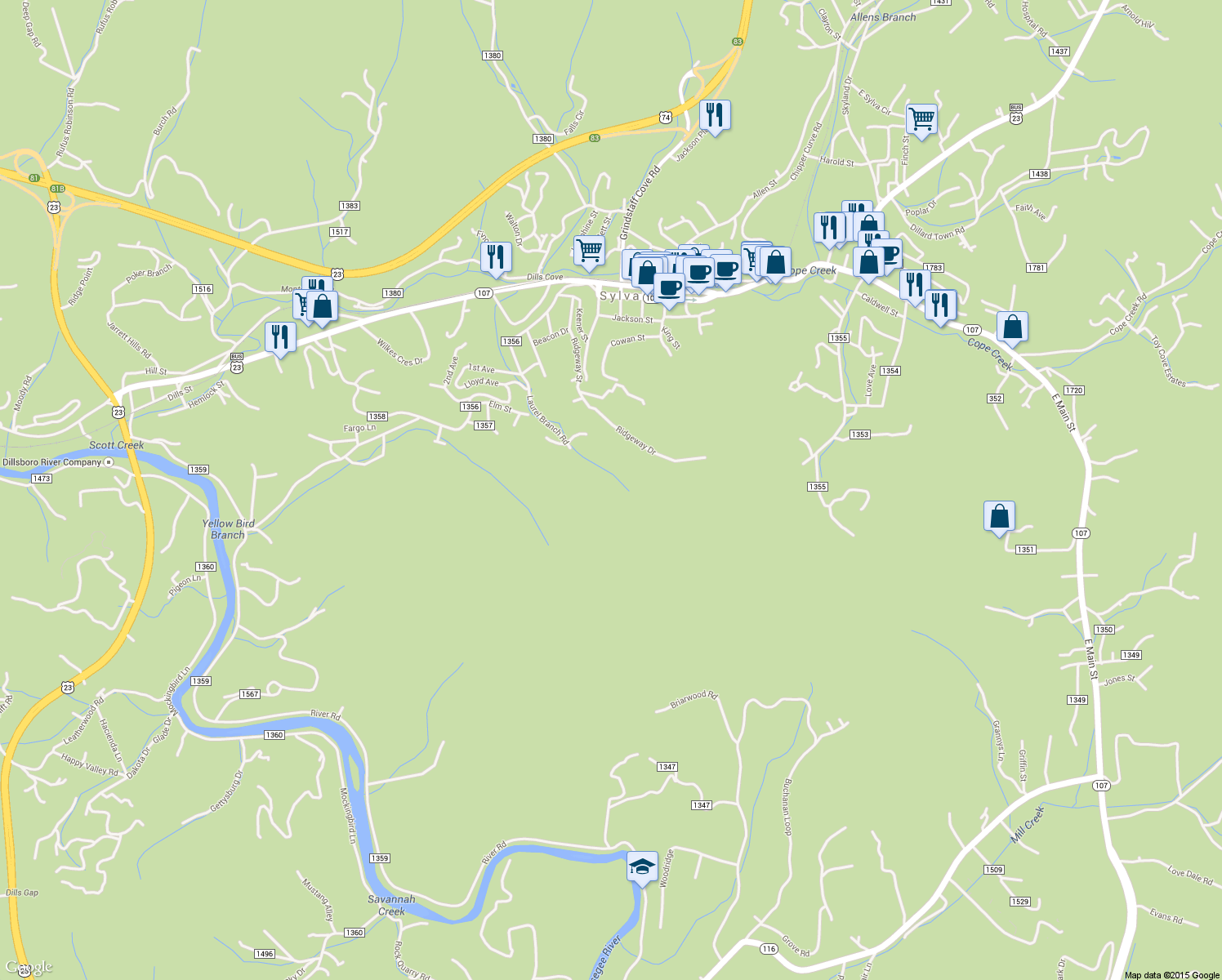 map of restaurants, bars, coffee shops, grocery stores, and more near 638 Ridgeway St in Sylva
