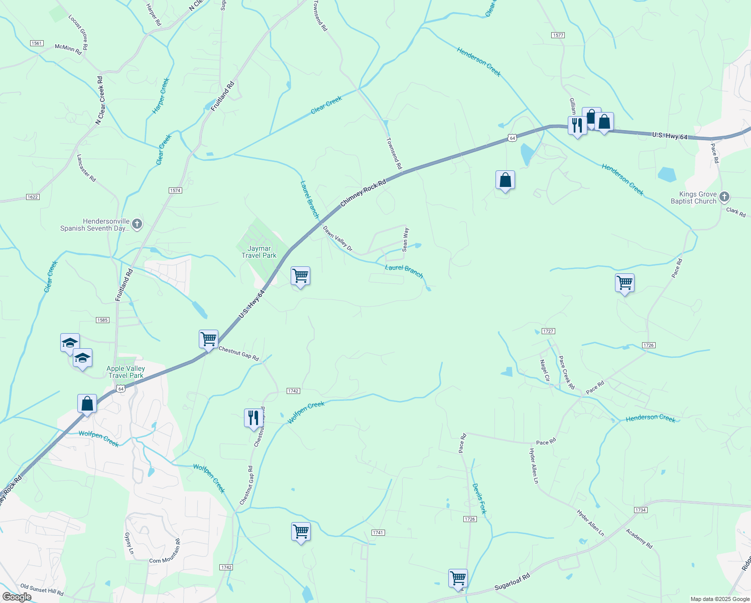 map of restaurants, bars, coffee shops, grocery stores, and more near 135 Cold Springs Road in Hendersonville