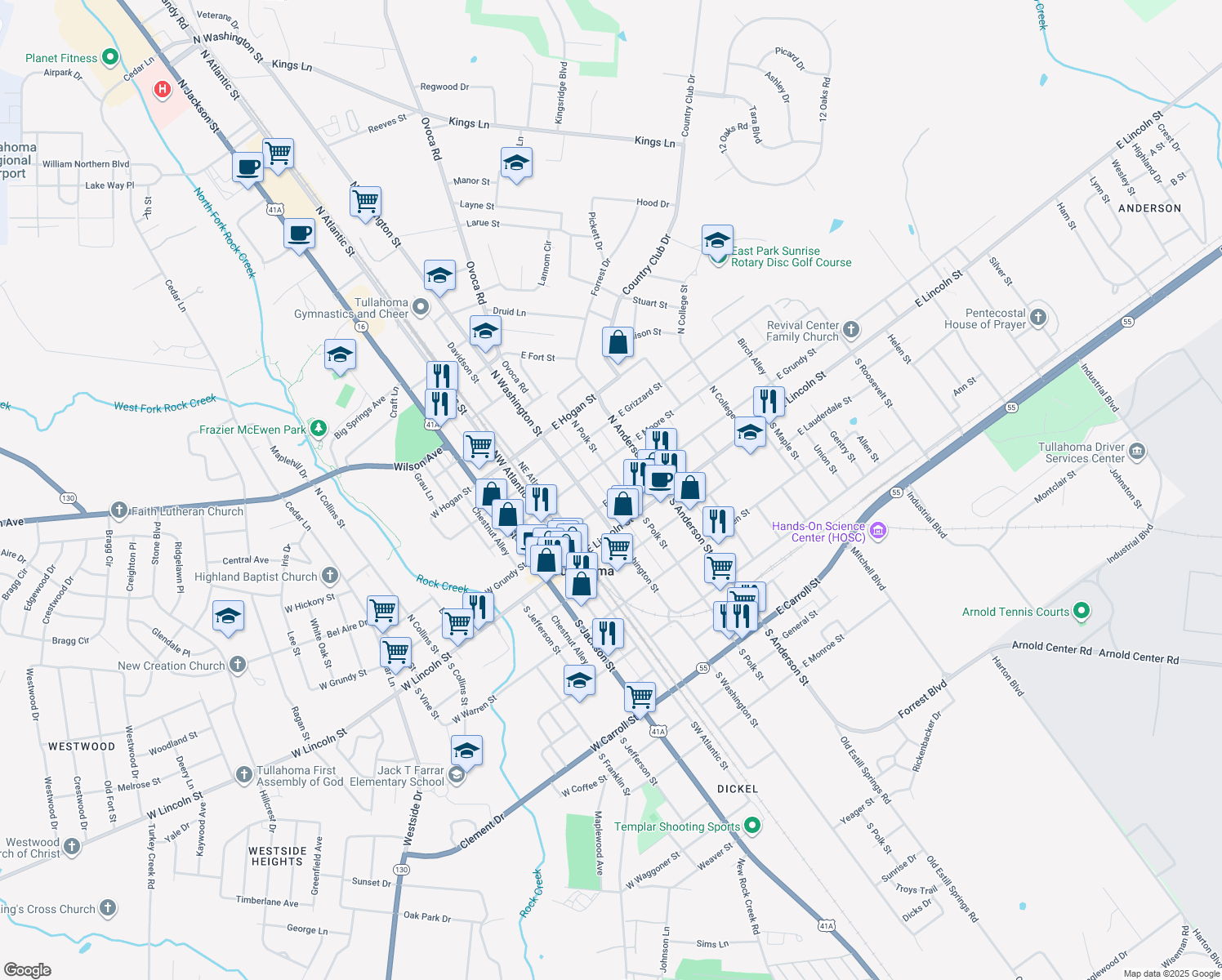 map of restaurants, bars, coffee shops, grocery stores, and more near 211 E Grundy St in Tullahoma