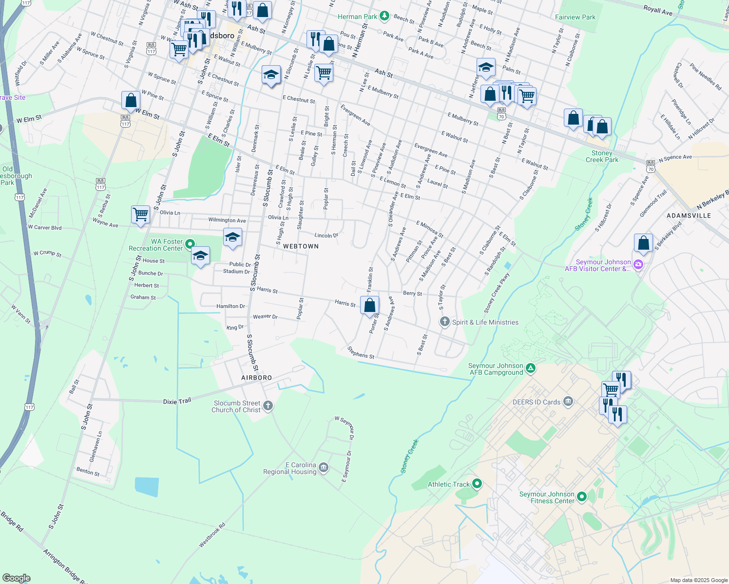 map of restaurants, bars, coffee shops, grocery stores, and more near 901 Franklin Street in Goldsboro