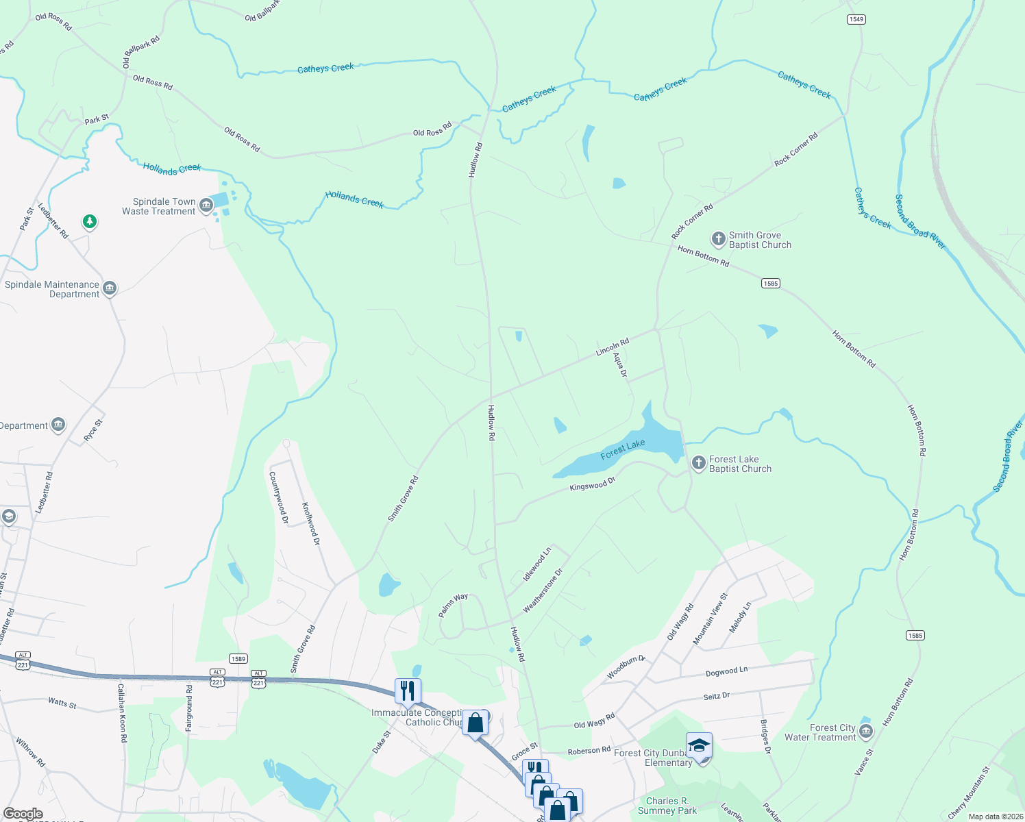 map of restaurants, bars, coffee shops, grocery stores, and more near 136 Carlton Dr in Forest City